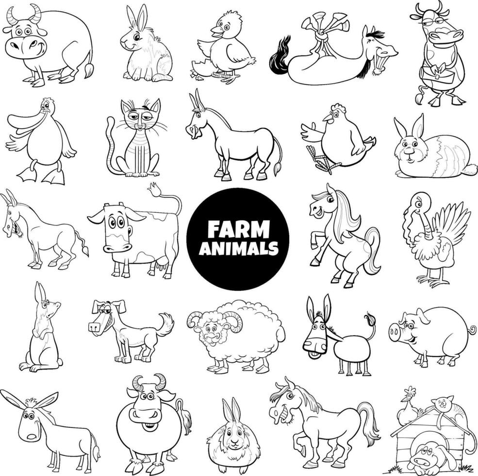 marrant dessin animé ferme animal personnages gros ensemble coloration page vecteur