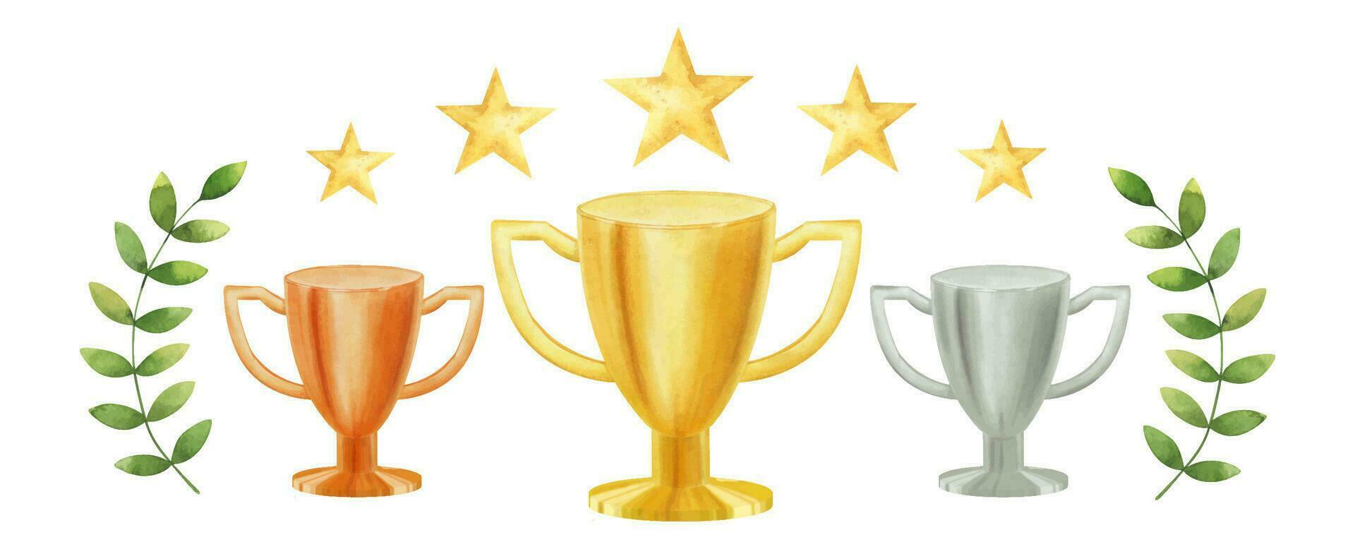 doré, argent, bronze tasses avec étoiles et laurier. champion trophées. prix tasses pour gagnant, premier lieu, la victoire. les attributs de des sports compétitions. aquarelle illustration. isolé. vecteur