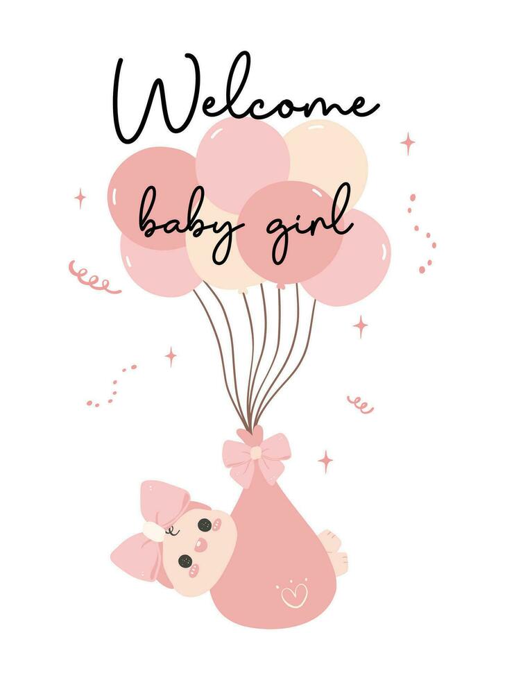 mignonne bébé fille douche invitation carte avec mignonne main tiré des ballons dessin animé illustration. parfait pour accueillant le peu un dans le famille. vecteur