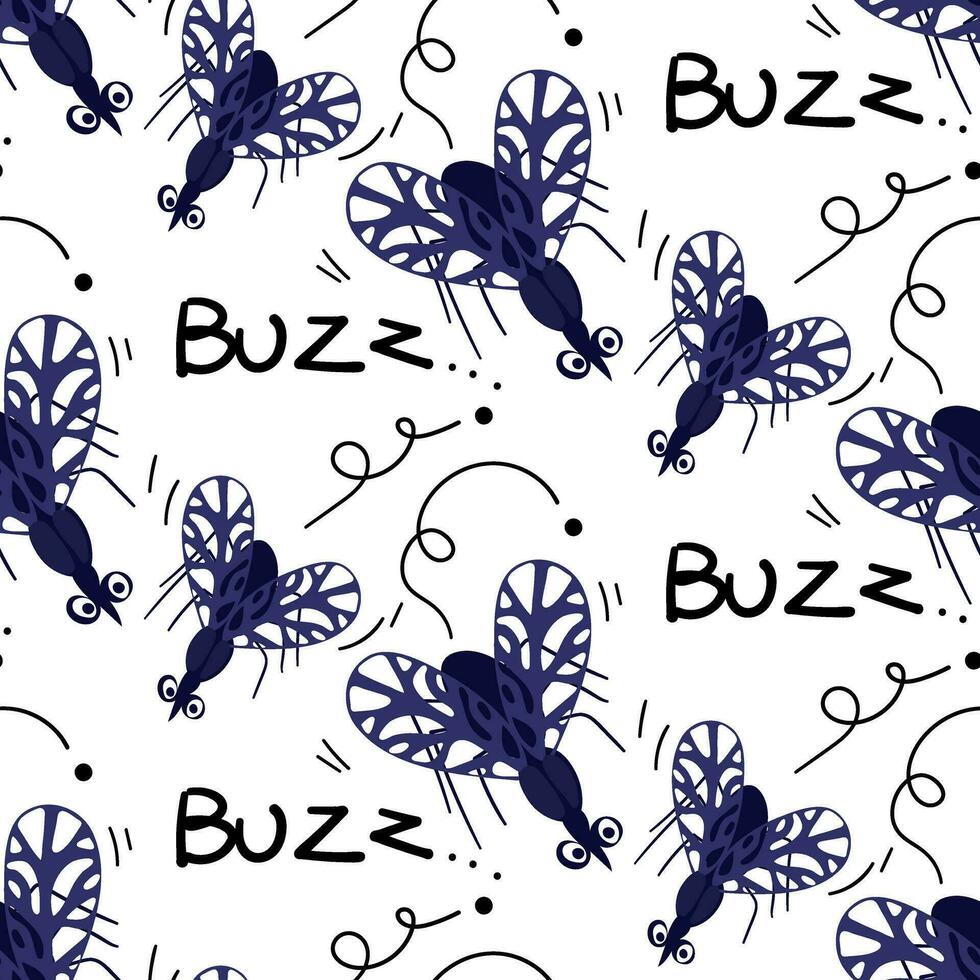 une modèle avec dessin animé insecte les moustiques sur une blanc Contexte. bleu insectes mouche et bourdonner. dessin animé mignon, drôle, petit insectes. pour impression sur textiles et papier vecteur