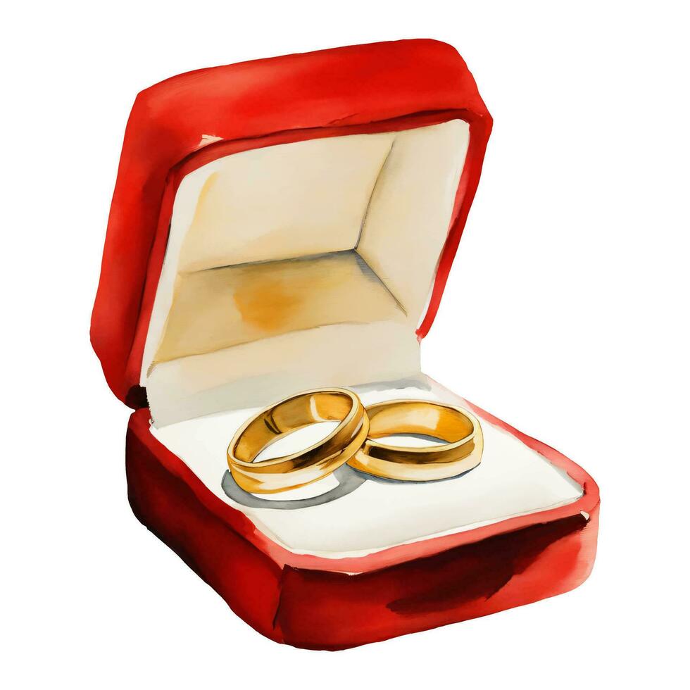 d'or mariage anneaux pour couple dans rouge boîte isolé main tiré aquarelle La peinture illustration vecteur