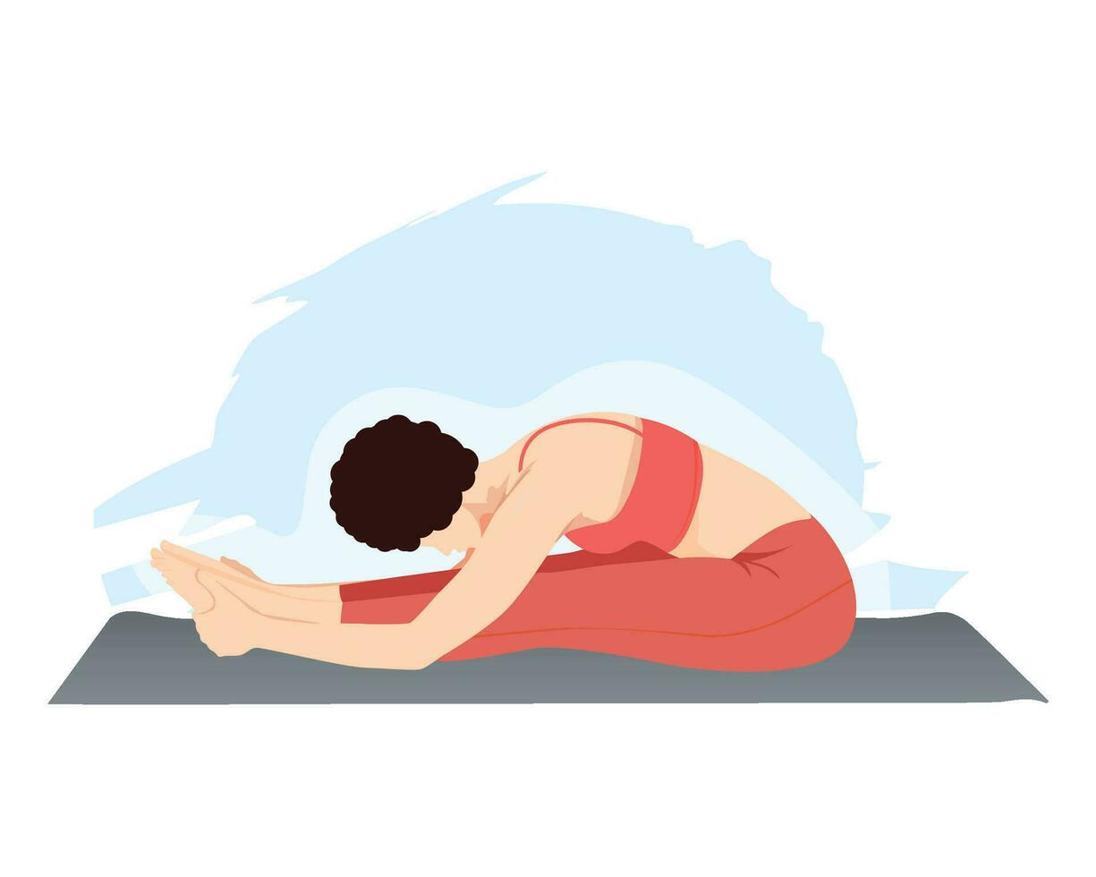 femme pratiquant assise vers l'avant pliez pose, paschimattanasana, retour étendue pose vecteur