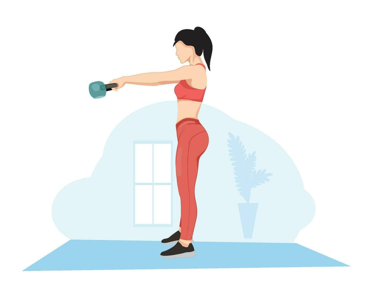 femme balançant kettlebell dans milieu air mouvement plein corps longueur portrait vecteur illustration