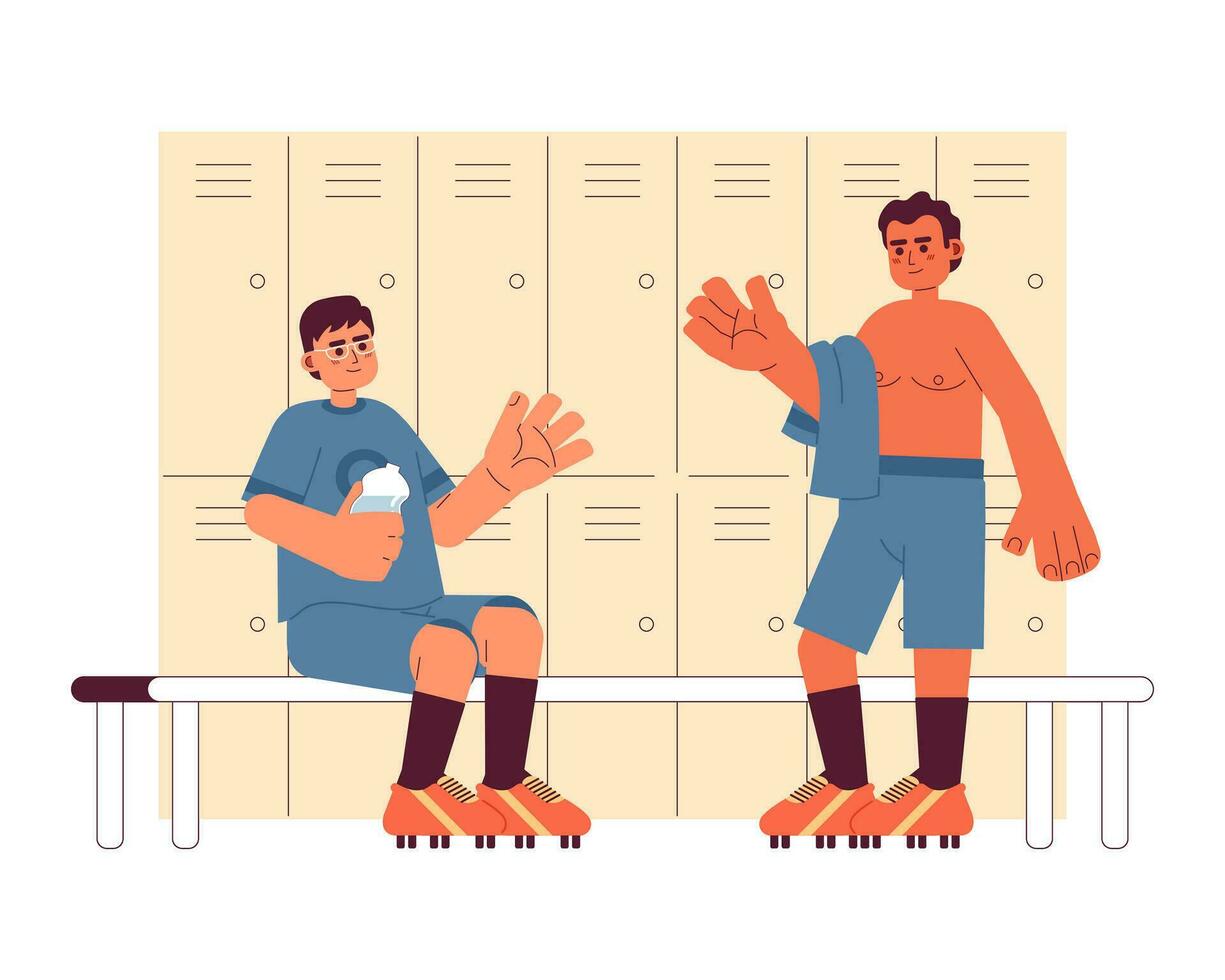 Hommes dans en changeant pièce plat concept vecteur place illustration. multinational Football joueurs 2d dessin animé personnages sur blanc pour la toile ui conception. équipe isolé modifiable Créatif héros image