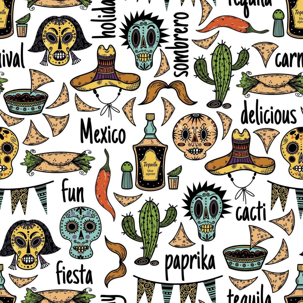 le journée de le mort sans couture vecteur modèle. mexicain vacances Contexte avec sucre crâne, burrito, cactus, sombrero, Tequila, épicé vite aliments. traditionnel carnaval, fête pour le dia de los muertos