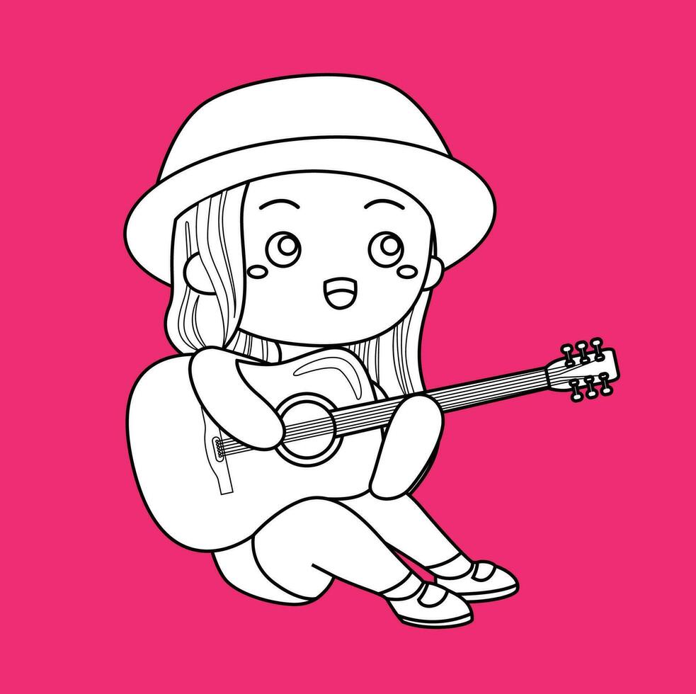 mignonne fille en jouant guitare la musique dessin animé numérique timbre contour vecteur