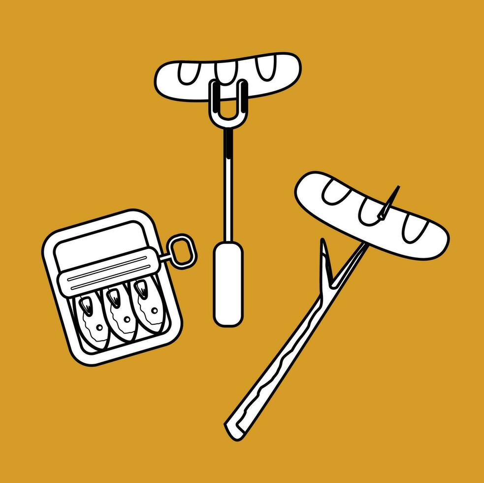 grillé saucisse et nourriture pouvez dessin animé numérique timbre contour vecteur