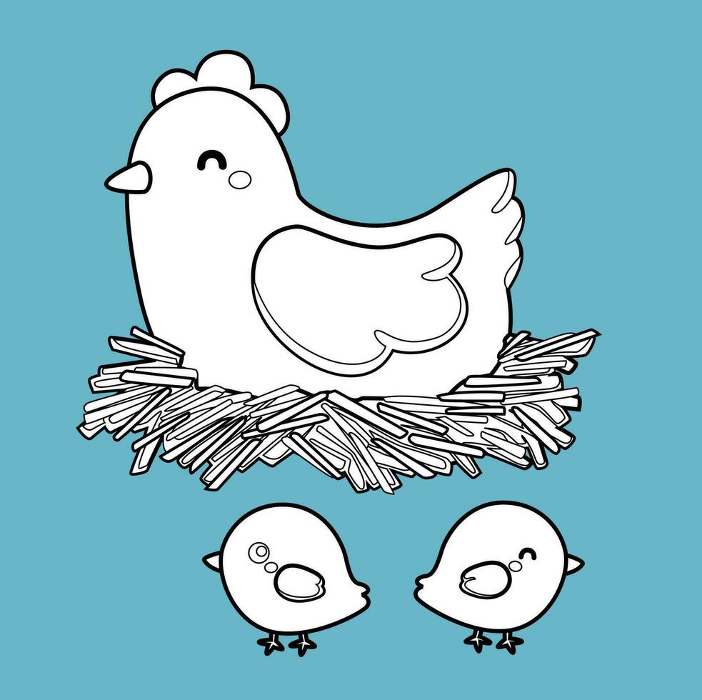 mignonne poulet ferme animal dessin animé numérique timbre contour vecteur