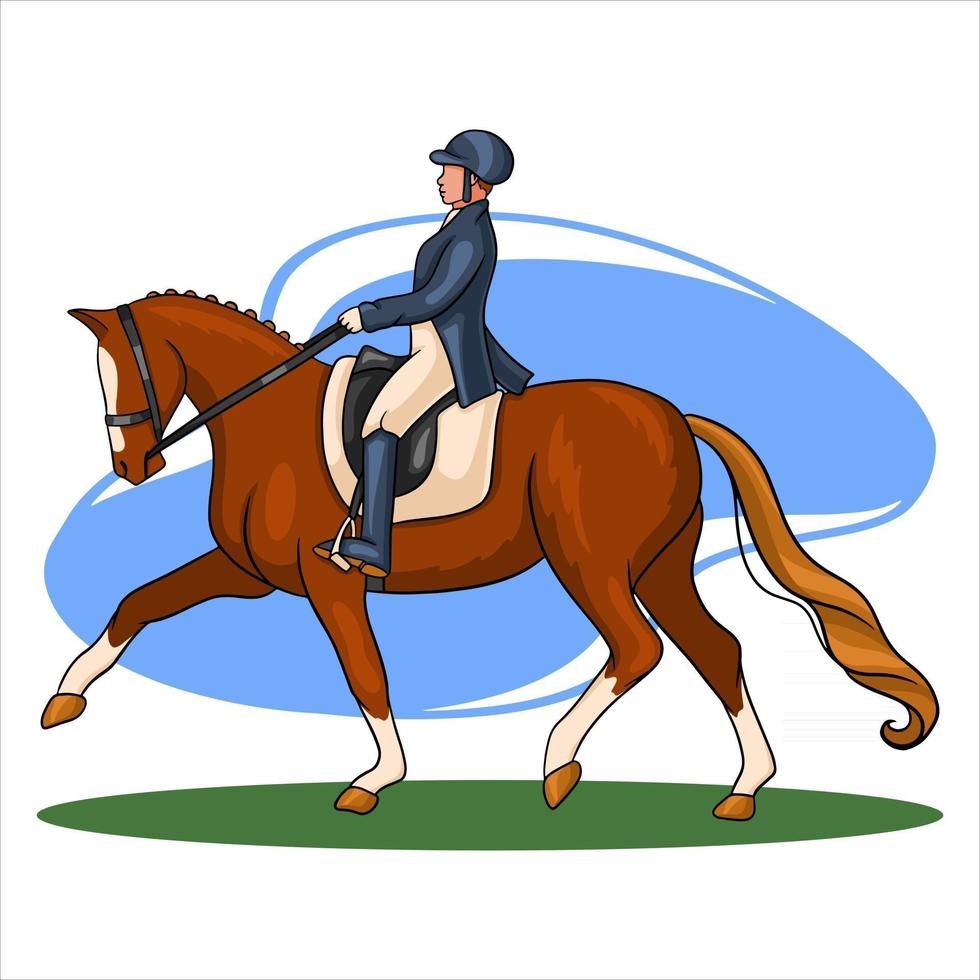 équitation, femme, équitation, cheval dressage, dans, dessin animé, style vecteur