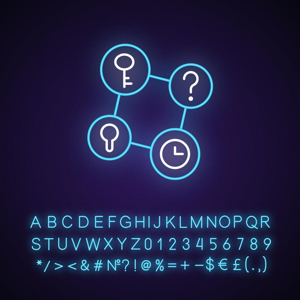 icône de néon de faits de connexion. jeu psychologique. analyser la question. résoudre des énigmes, des indices pour les énigmes. effet brillant extérieur. signe avec l'alphabet, les chiffres et les symboles. illustration de couleur rvb isolée de vecteur