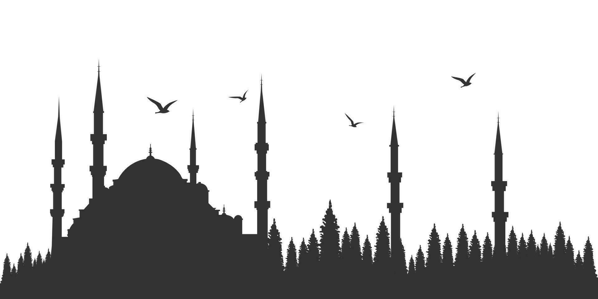 mosquée silhouette. le coucher du soleil et mouettes. vecteur dessin.