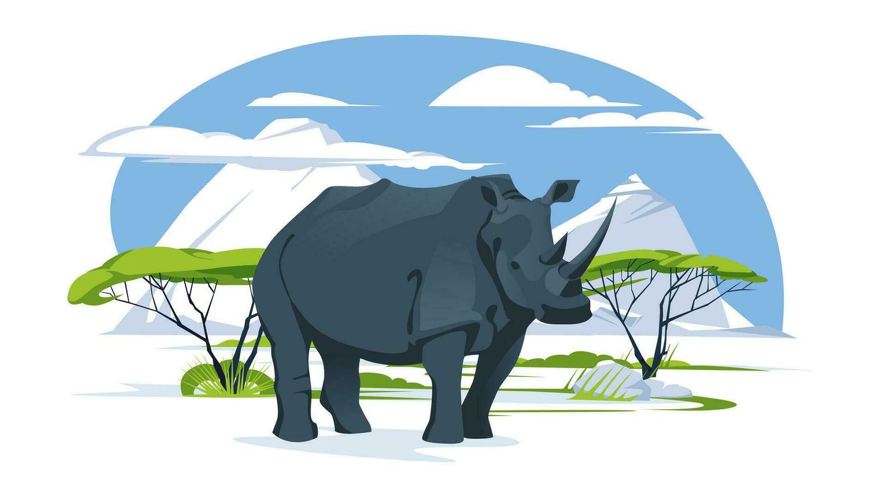 une seul rhinocéros dans une savane paysage. sauvage animaux de Afrique. vecteur plat illustration