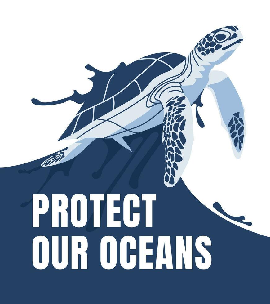 océan protection affiche concept. une mer tortue sur une éclaboussure de une vague. vecteur plat illustration