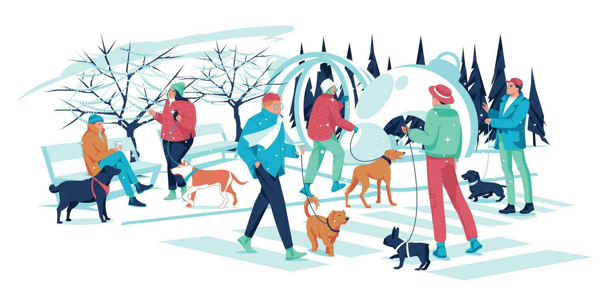 gens marcher avec chiens dans le hiver ville. plat vecteur illustration de une neigeux décoré ville pour Nouveau année et Noël.