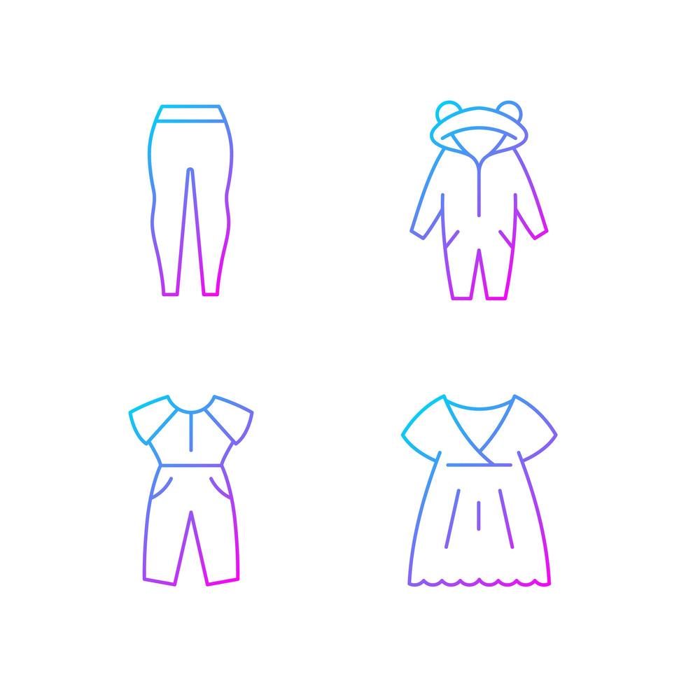 Ensemble d'icônes vectorielles linéaire dégradé de vêtements de nuit. leggings pour femmes. kigurumi pour les enfants. combinaison et robe oversize. paquet de symboles de contour de ligne mince. collection d'illustrations vectorielles isolées vecteur