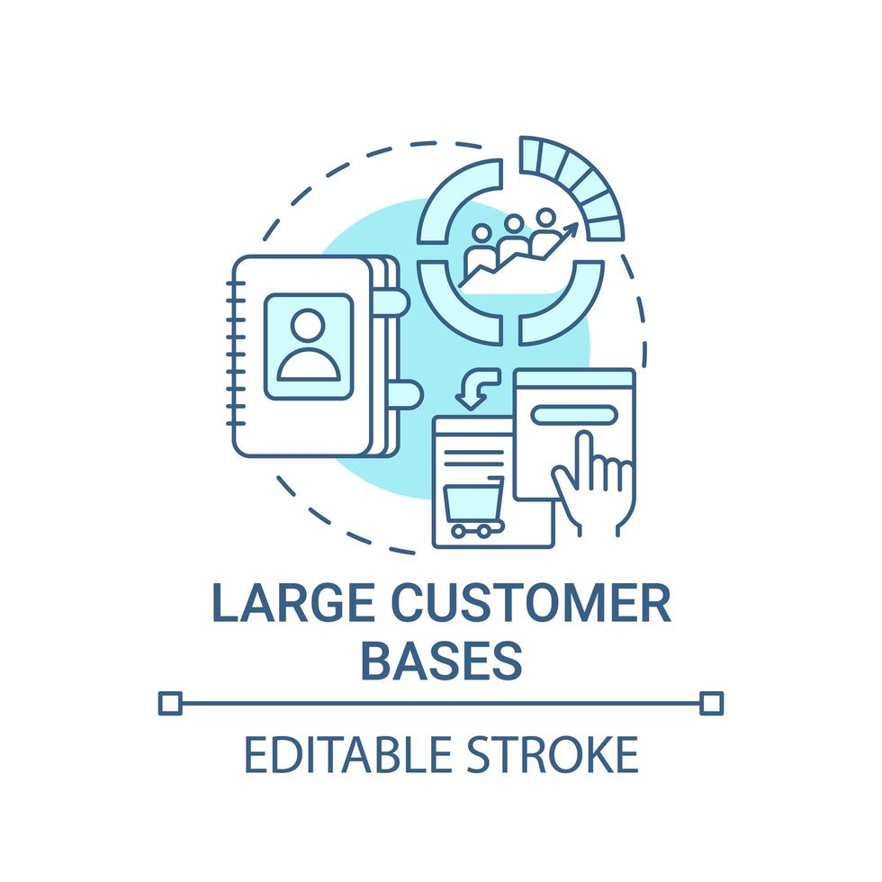 icône de concept de grandes bases de clients. le marché en ligne profite à l'illustration de fine ligne d'idée abstraite. à la recherche de nouveaux produits sur la plateforme. dessin de couleur de contour isolé de vecteur. trait modifiable vecteur
