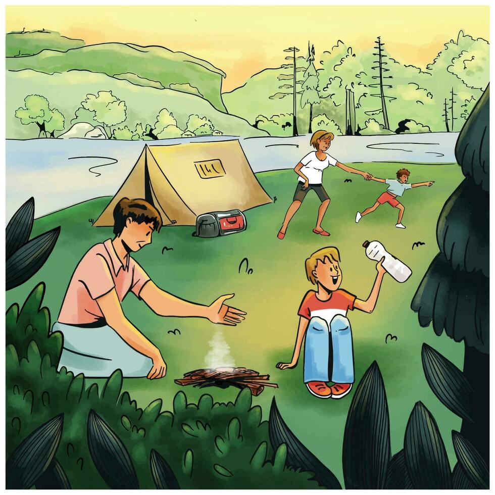 famille les vacances dans la nature. maman, papa et deux fils ensemble en haut une tente et construire une Feu. été paysage concept. dépenses temps dans le cercle de proche personnes. main tiré vecteur illustration style