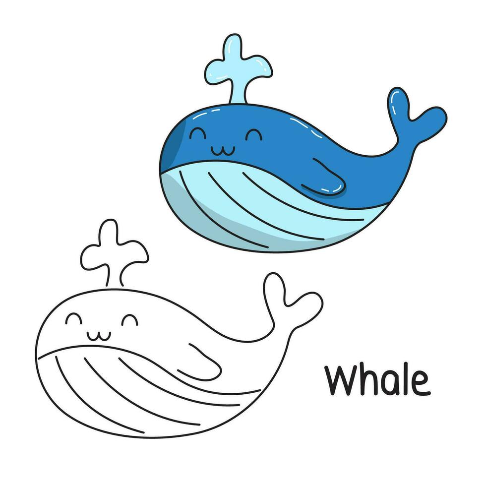 vecteur illustration. coloration livre , coloration baleine. dessin animé animal. clipart ensemble pour garderie affiche, entraine toi compétences