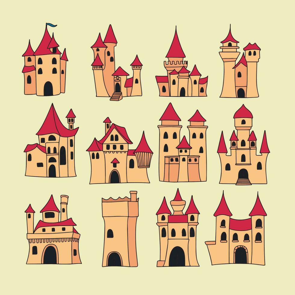 collection de châteaux dans coloré contour style. main tiré griffonnage Château isolé sur Contexte. vecteur illustration.