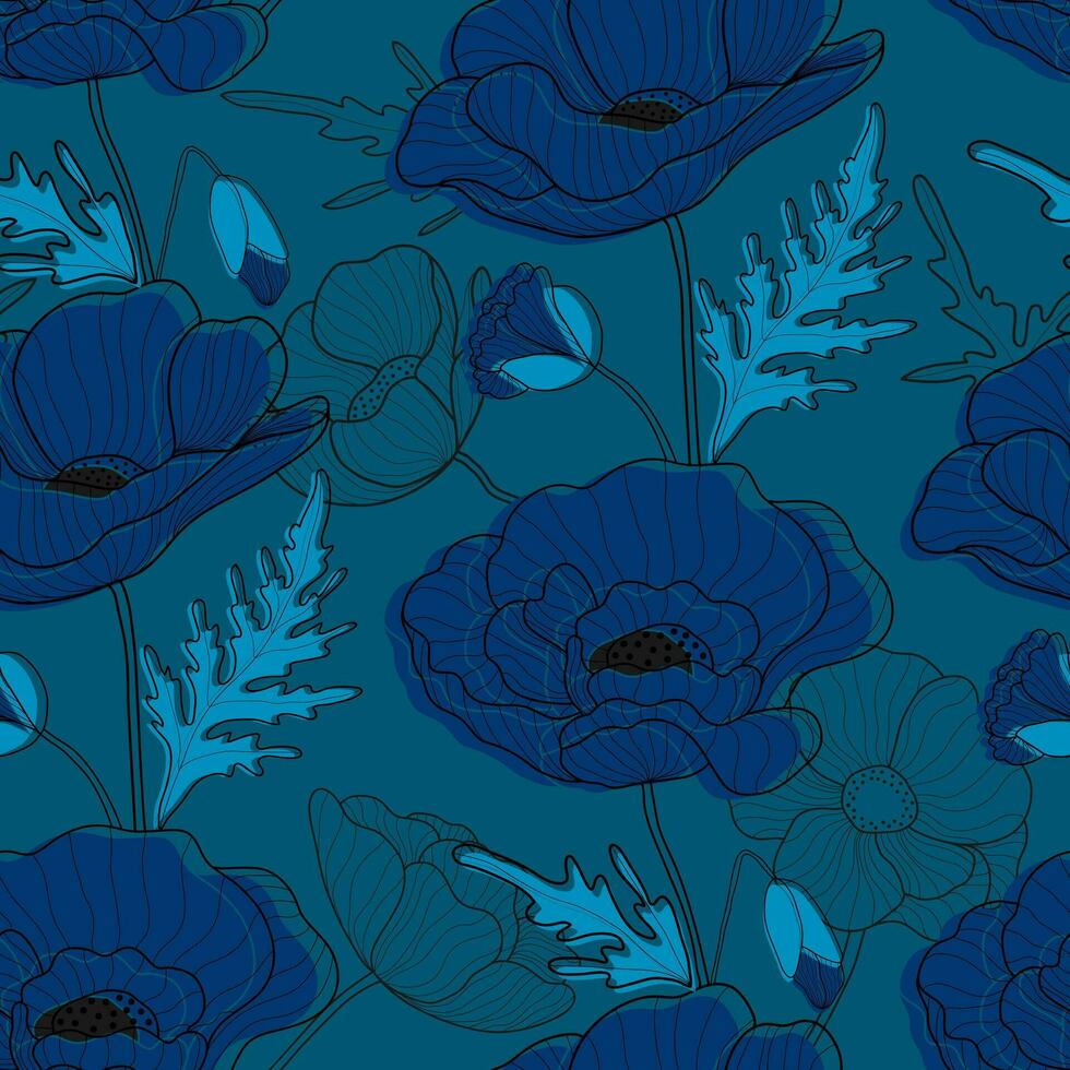 coquelicots sans couture modèle. coquelicot fleurs Contexte dans branché denim couleurs. floral impression pour textile, fonds d'écran, en tissu et emballage papier vecteur