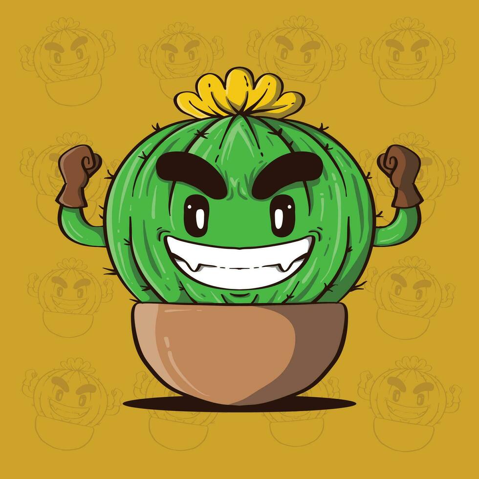 mignonne mascotte dessin animé illustration de cactus plante avec fort main geste. mignonne cactus. mignonne cactus plante illustration. vecteur