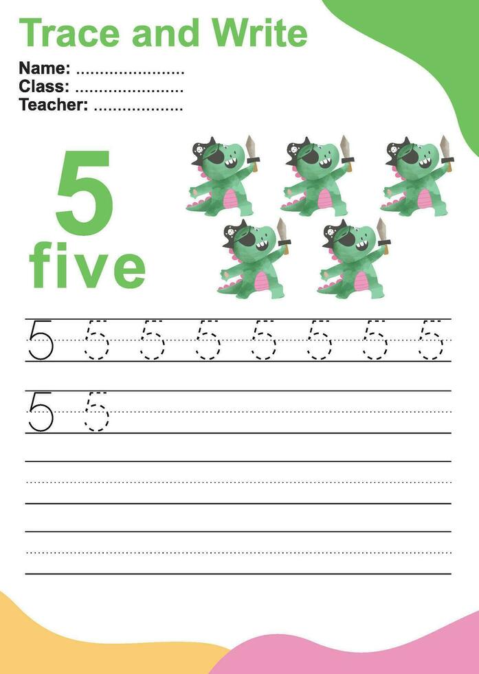 tracer et écrire le numéro pour les enfants. exercice pour que les enfants reconnaissent le nombre. feuille de travail pédagogique pour le préscolaire. fichier vectoriel. vecteur