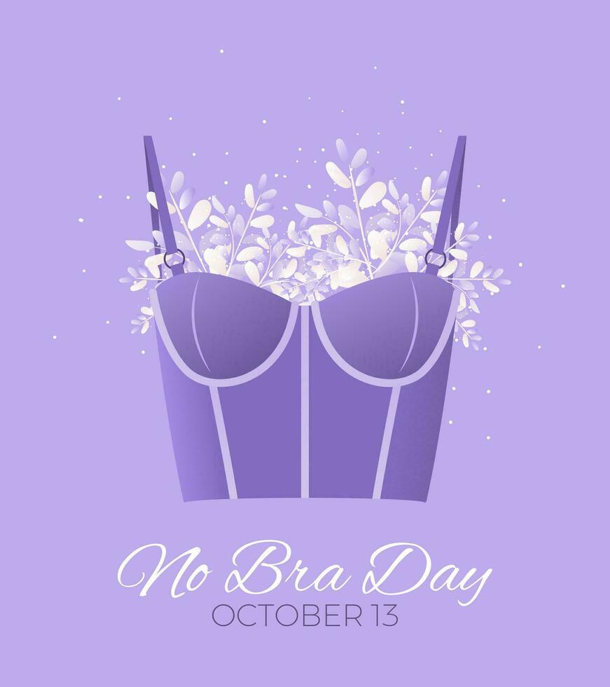 nationale non soutien-gorge journée. vecteur la toile bannière, affiche, couverture. blanc bustier Haut soutien-gorge avec herbes isolé sur violet toile de fond. Sein cancer conscience. non soutien-gorge jour, octobre 13. femmes santé. Sein santé se soucier.