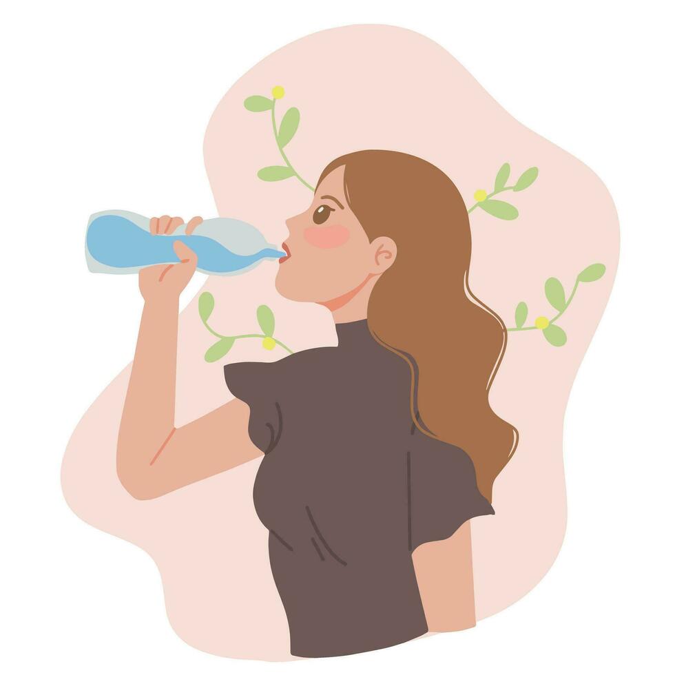 portrait jolie femme en buvant l'eau de une bouteille esthétique illustration vecteur