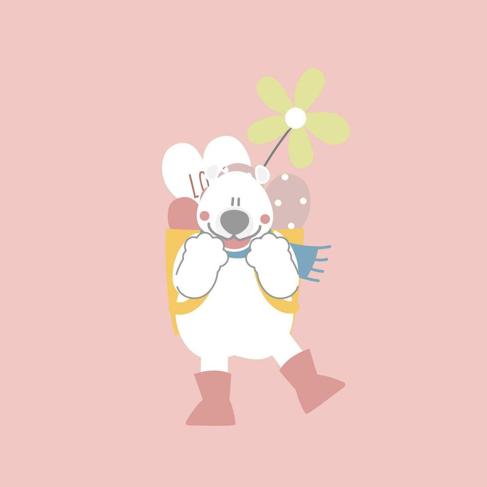 mignonne et charmant blanc polaire ours avec panier de cœur et fleur content valentines jour, l'amour concept plat vecteur illustration dessin animé personnage costume conception