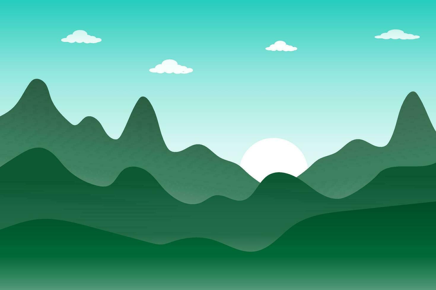 dessin animé vecteur illustration pré et montagne coucher de soleil, ciel bleu avec des nuages avec des collines et des rizières dans le paysage naturel