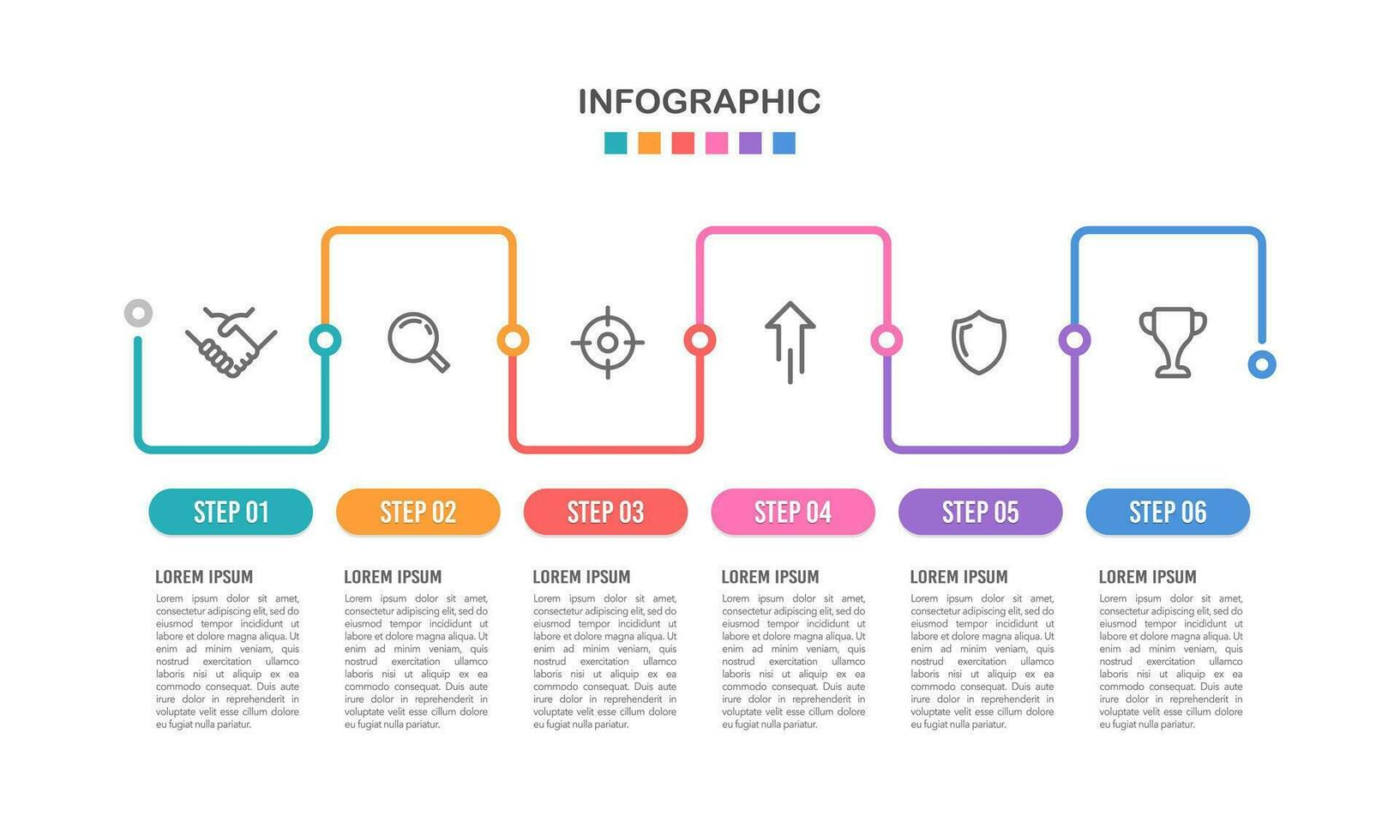 6 étapes ligne fine infographie conception modèles. affaires flux de travail projet. vecteur illustration.