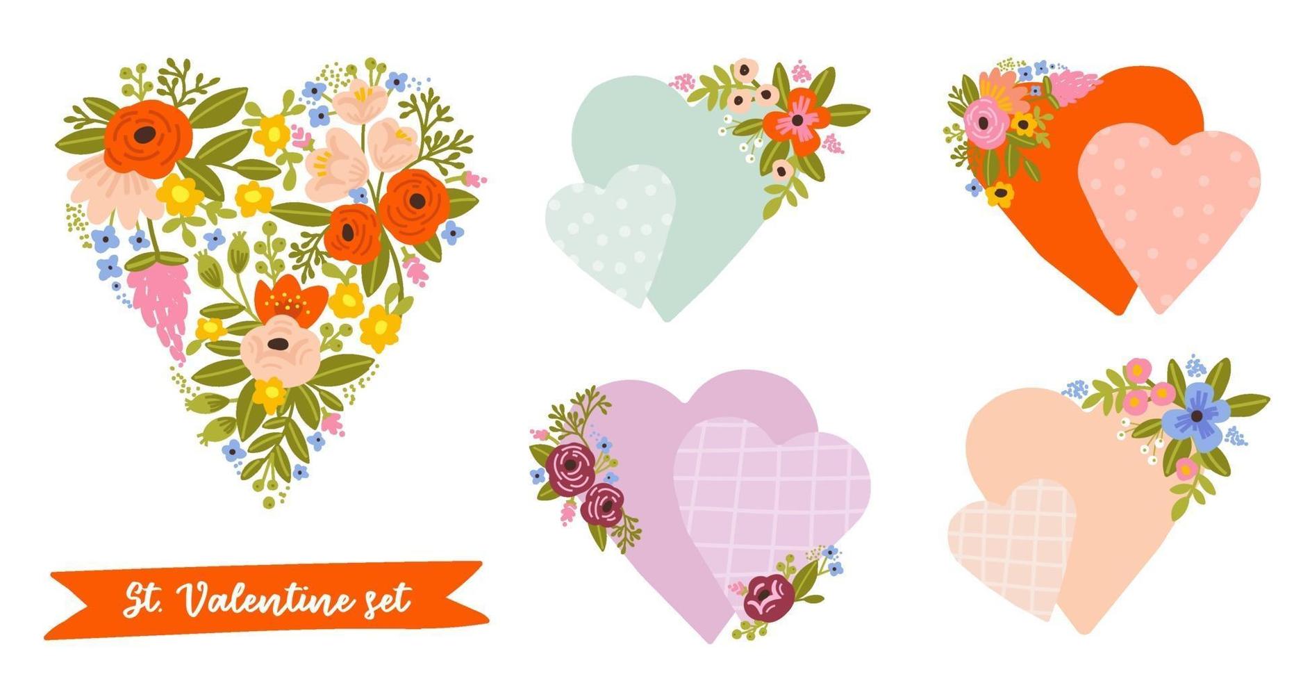 ensemble de formes de coeur floral pour les cartes de voeux de la Saint-Valentin, les invitations de mariage, les baby showers. illustration vectorielle. vecteur