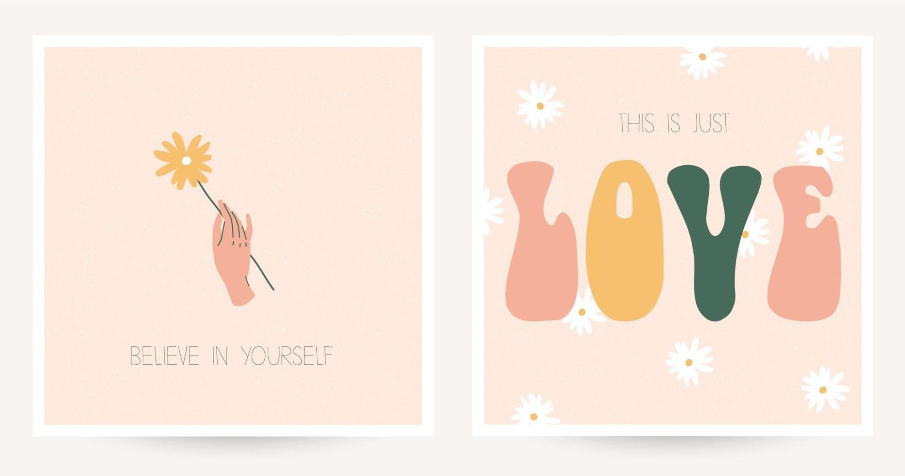 ensemble de deux cartes postales colorées de style hippie avec lettrage vintage. texte croyez en vous, c'est juste de l'amour. cartes postales texturées boho chic. illustration vectorielle plane. vecteur