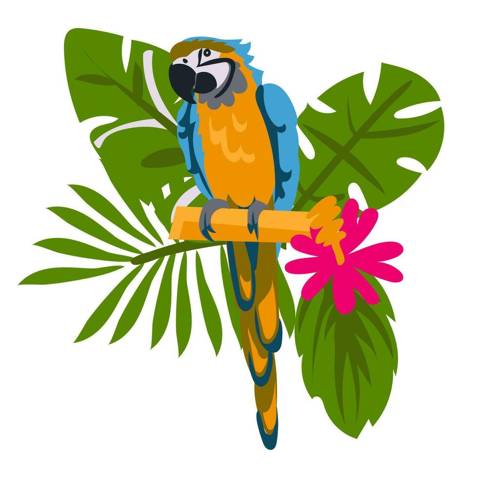 magnifique floral exotique vecteur illustration avec une perroquet, tropical feuilles. isolé sur une blanc Contexte. une variété de feuilles avec une jaune-bleu perroquet sur une branche. impression pour une image dans une Cadre