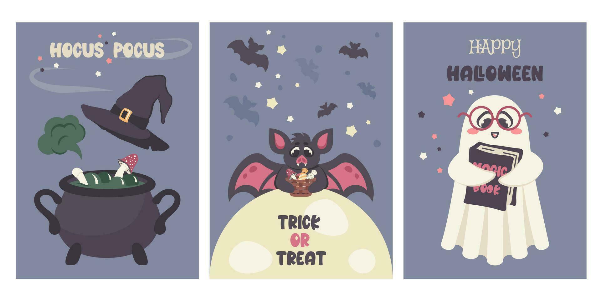 ensemble de salutation cartes à Halloween faire la fête. content Halloween. mignonne fantôme avec la magie livre, chauve souris avec panier, Halloween bonbons, sorcier chapeau, potion chaudron, salutation texte. vecteur dessin animé illustration