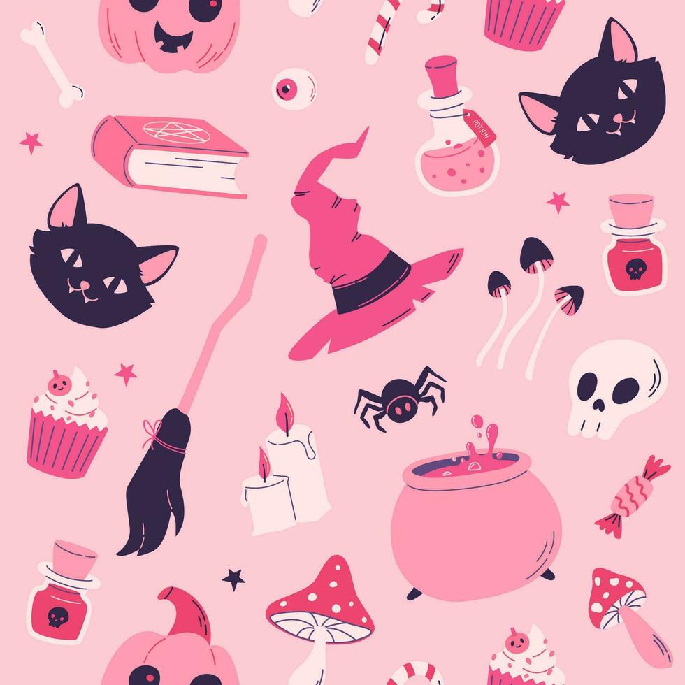 rose la magie Halloween sans couture modèle avec chat, sorcière chapeau, citrouille, balai, potion, champignon. journée de le mort barbiecore style vecteur illustration