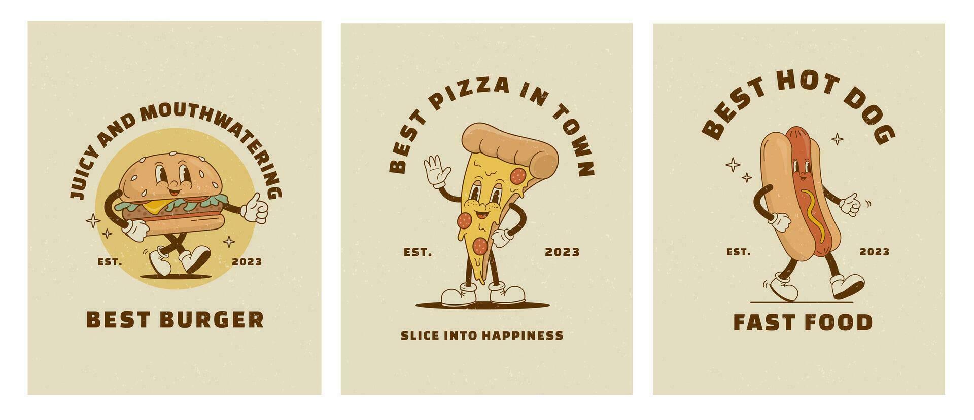 ensemble de rétro dessin animé marrant vite nourriture personnage affiches. ancien rue nourriture Burger, Pizza et chaud chien mascotte vecteur illustration pour cafétéria. nostalgie années 60, années 70, Années 80