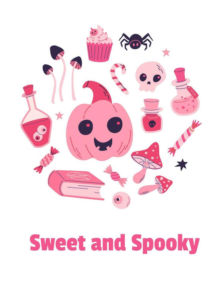 content Halloween fête affiche, invitation, Contexte. coeur rose style vecteur illustration. citrouille, poison, crâne, champignons, bonbons, bonbons, araignée