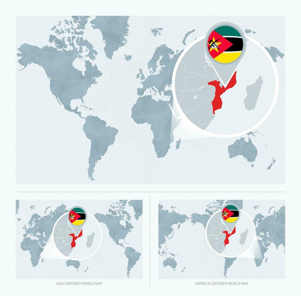 agrandie mozambique plus de carte de le monde, 3 versions de le monde carte avec drapeau et carte de mozambique. vecteur