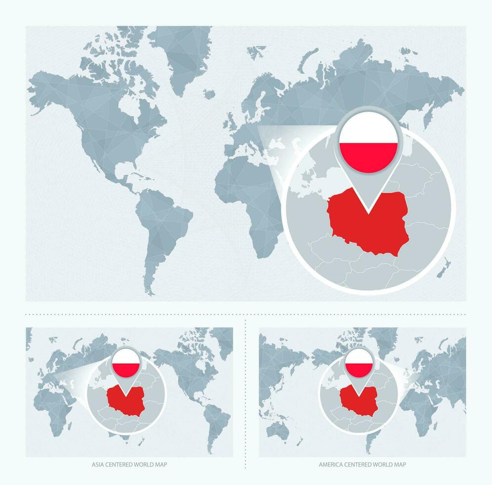 agrandie Pologne plus de carte de le monde, 3 versions de le monde carte avec drapeau et carte de Pologne. vecteur