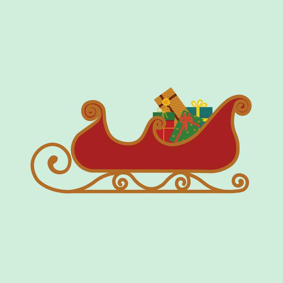 Noël illustration plat vecteur dans dessin animé style. Père Noël traîneau avec cadeaux sur il. joyeux Noël. pour Noël cartes, bannières, étiqueter, Étiquettes, Contexte.