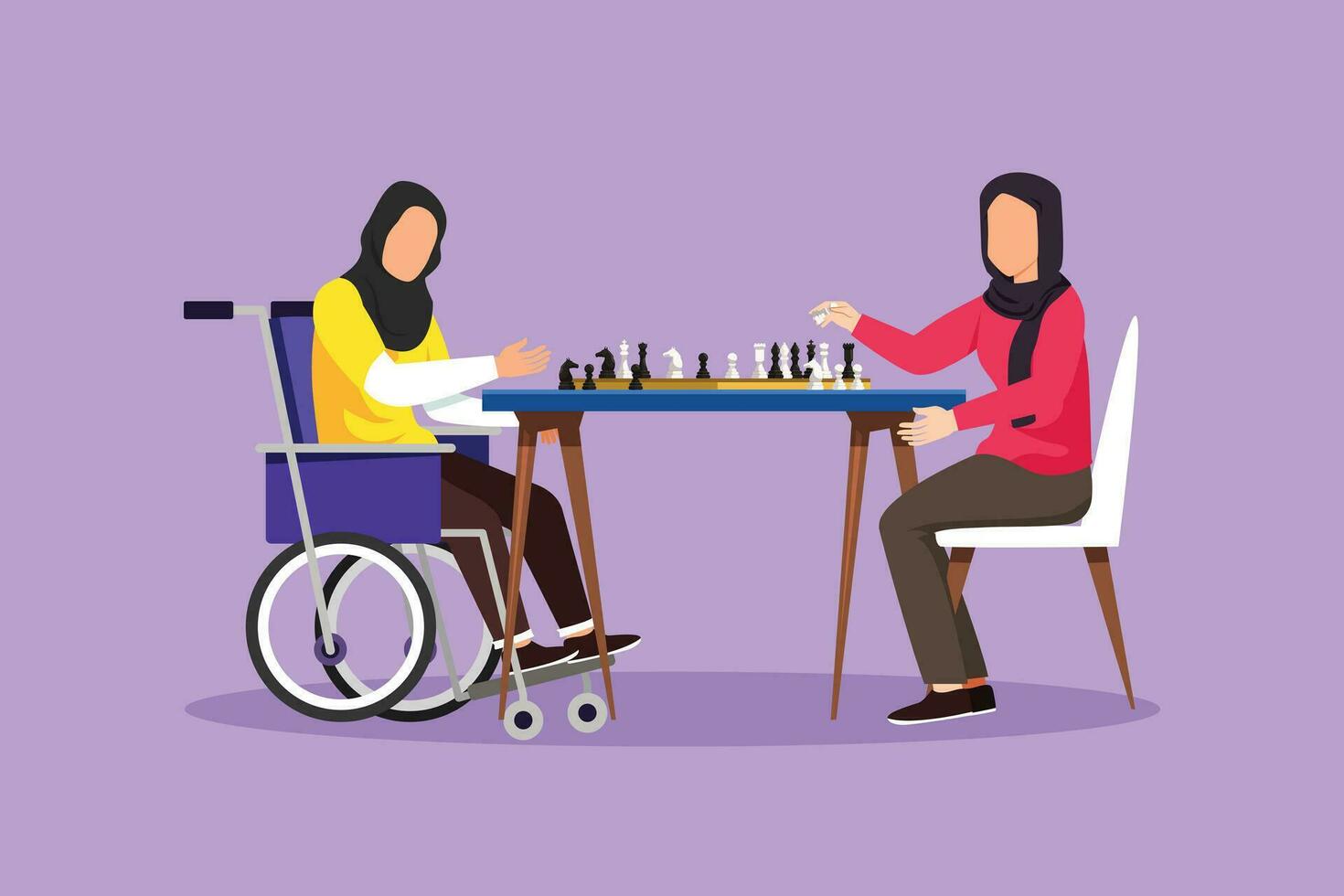 dessin animé plat style dessin désactivée Jeune arabe femme dans fauteuil roulant pièces échecs avec ami. gens sur social adaptation, passe-temps, tolérance, accessibilité, diversité. graphique conception vecteur illustration