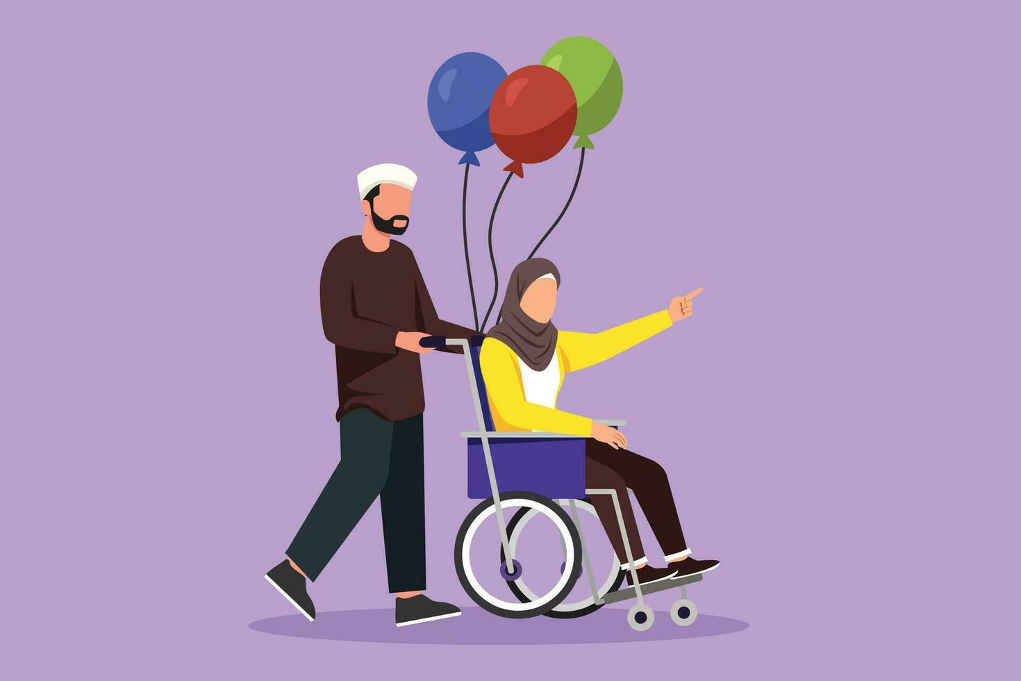 dessin animé plat style dessin invalidité personnes. arabe homme porte désactivée femme dans fauteuil roulant. accessibilité, réhabilitation invalide la personne Activités responsabilité. graphique conception vecteur illustration