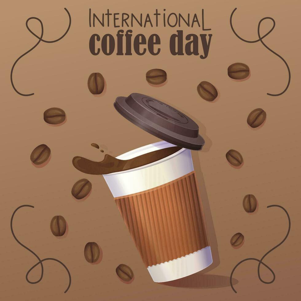 international café journée bannière. réaliste boisson tasse avec en volant café haricots. vecteur