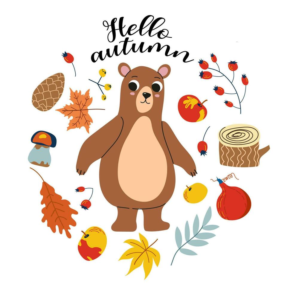 Bonjour l'automne. dessin animé ours, main dessin caractères. carte avec feuilles, l'automne éléments et mignonne forêt animal sur blanc background.design pour cartes, imprimer, affiche. vecteur