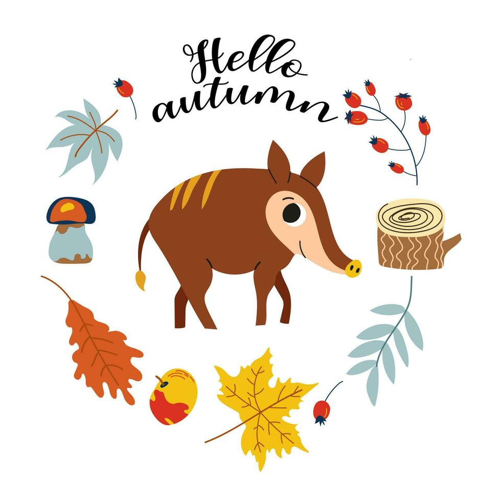 Bonjour l'automne. dessin animé sanglier, main dessin caractères. carte avec feuilles, l'automne éléments et mignonne forêt animal sur blanc background.design pour cartes, imprimer, affiche. vecteur