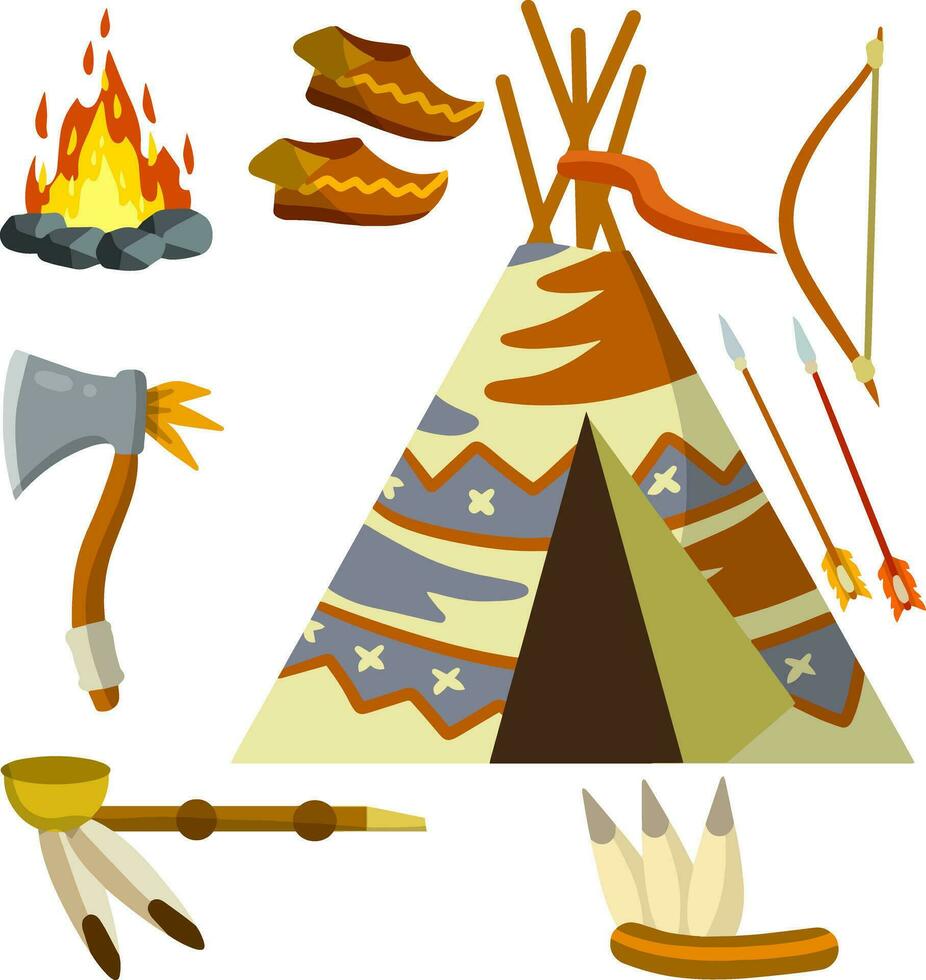 Indien wigwam. originaire de américain maison. nationale cabane. la nature de paysage. hache, arme, Feu et crâne de animal, tube, vêtements, arc et La Flèche. plat dessin animé vecteur