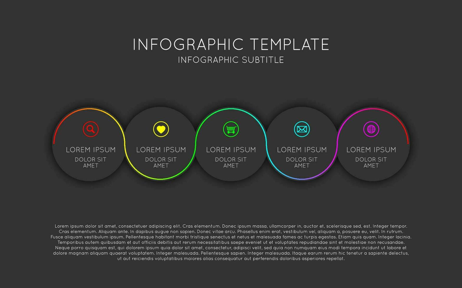 modèle d'infographie vectorielle avec cinq cercles sombres avec une ligne colorée torsadée et des icônes. schéma de processus moderne sur fond noir vecteur