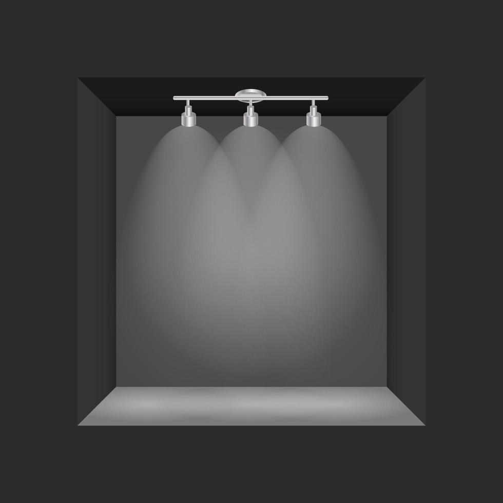 concept d'exposition, boîte vide noire, cadre avec éclairage. modèle pour votre contenu. illustration vectorielle 3D vecteur