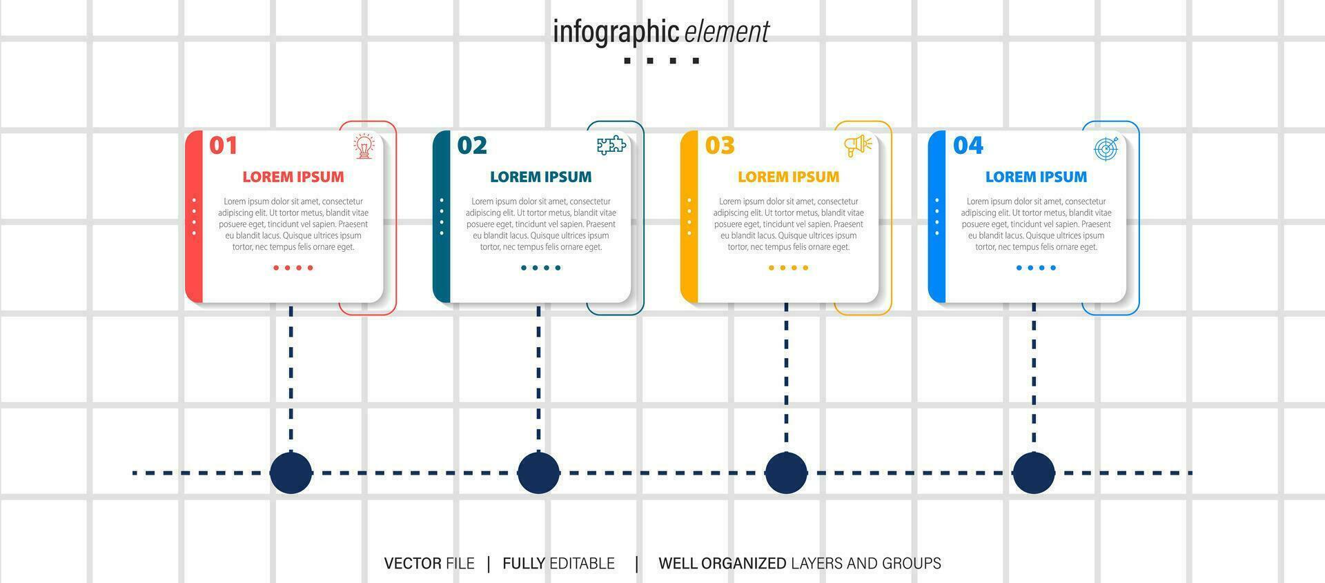 moderne boîte ligne infographie modèle avec 4 pas. affaires cercle modèle avec les options pour brochure, diagramme, flux de travail, calendrier, la toile conception. vecteur